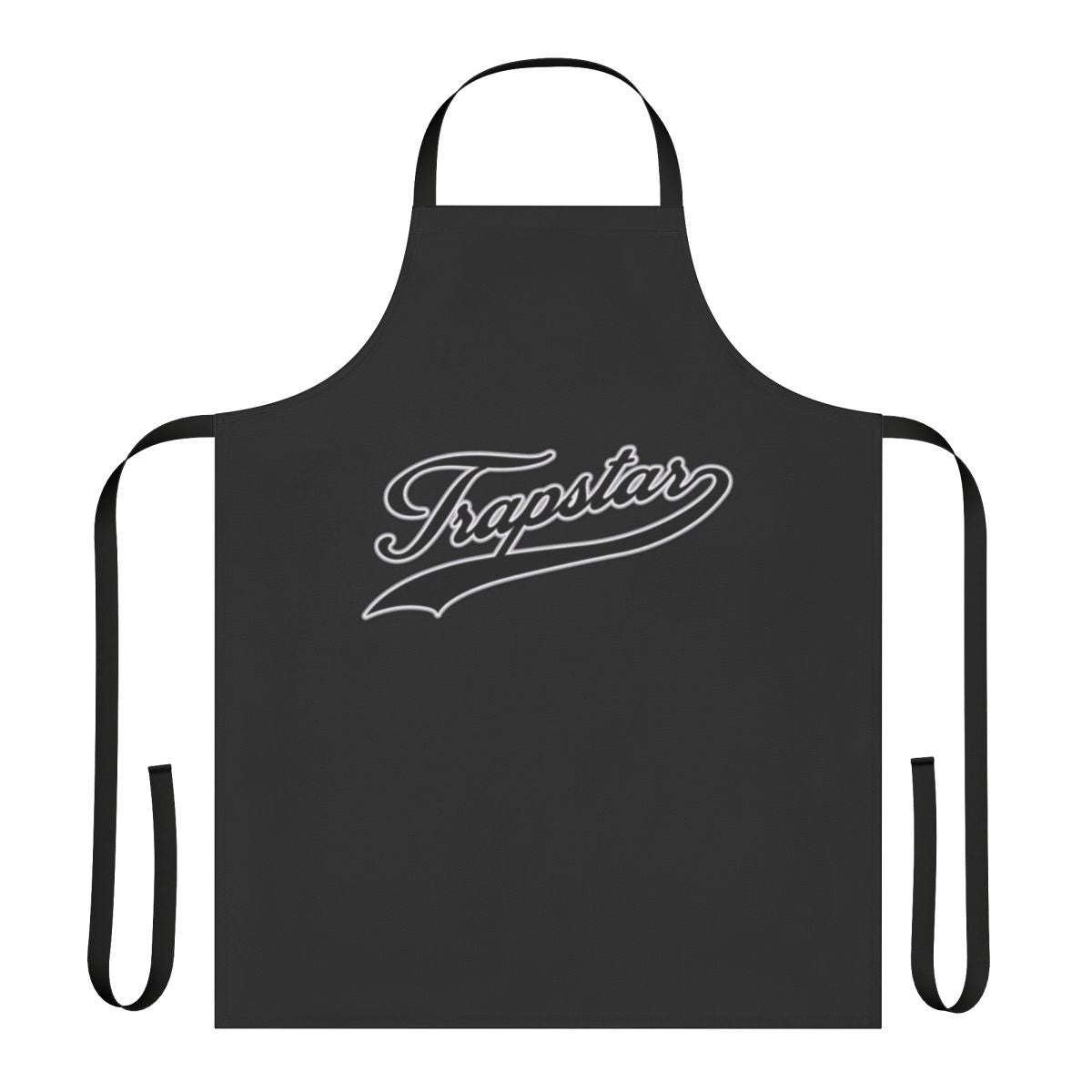 A black apron with the Trapstar brand logo and "Strike Out" text, perfect for cooking and baking.