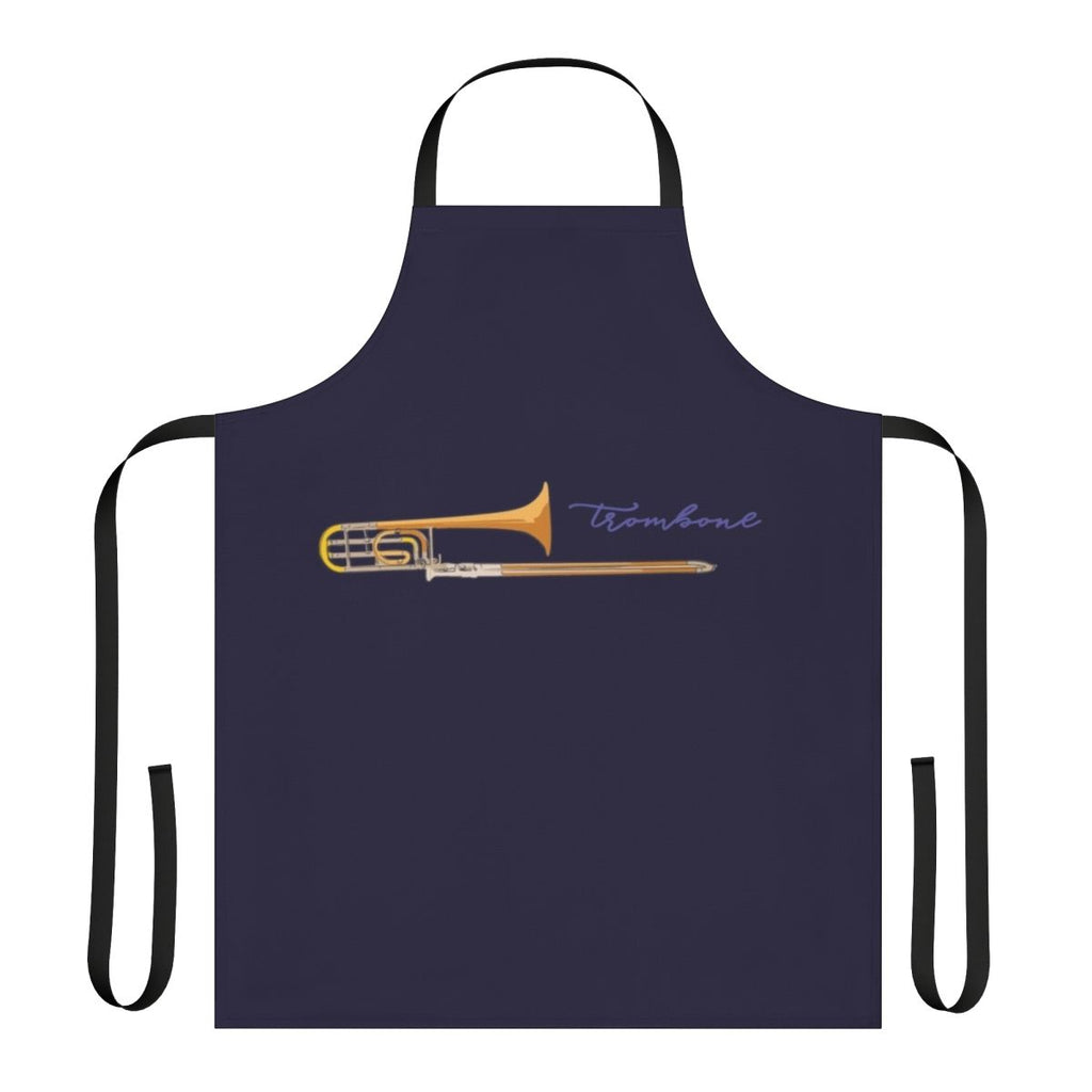 Trombone player wearing a custom-designed apron featuring the trombone instrument