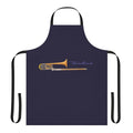 Trombone player wearing a custom-designed apron featuring the trombone instrument