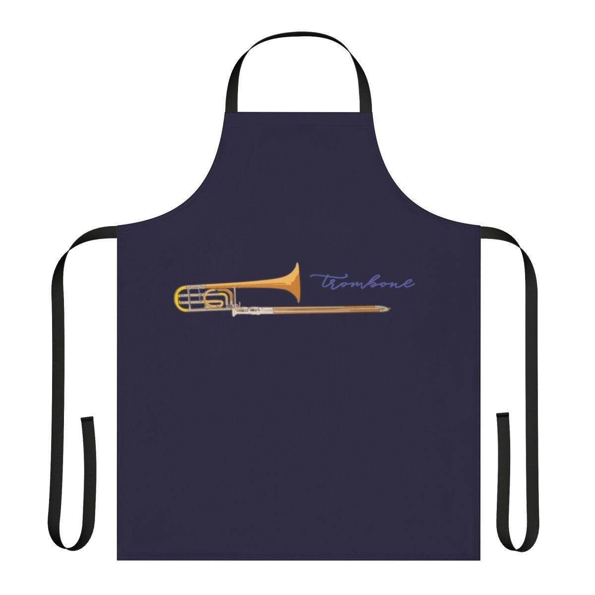 Trombone player wearing a custom-designed apron featuring the trombone instrument