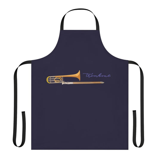 Trombone player wearing a custom-designed apron featuring the trombone instrument