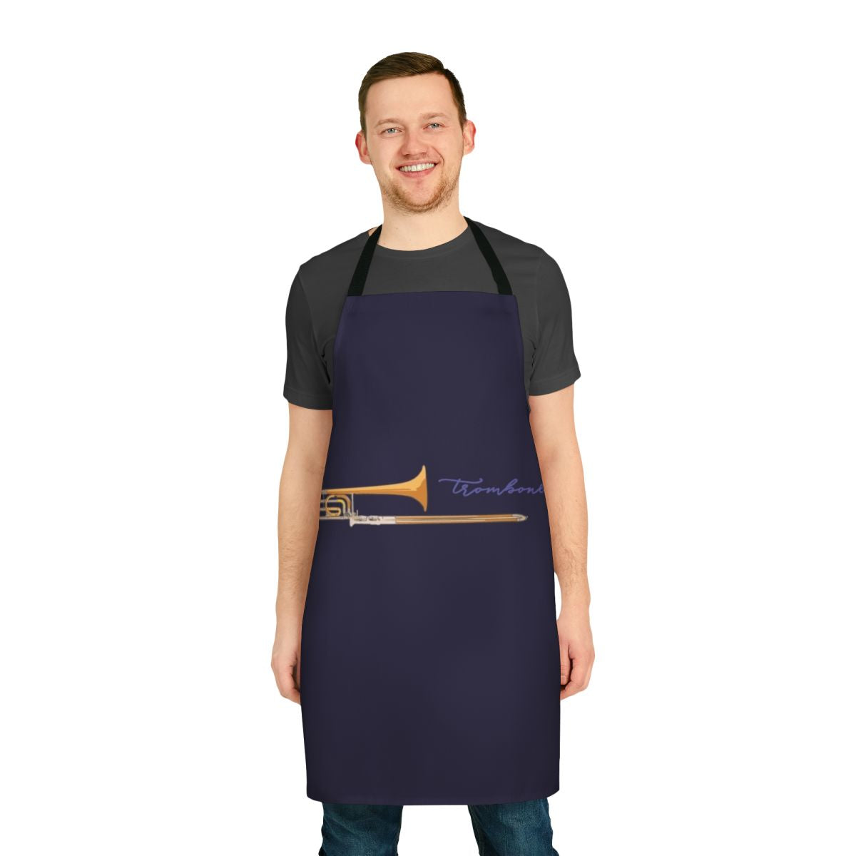 Trombone player wearing a custom-designed apron featuring the trombone instrument