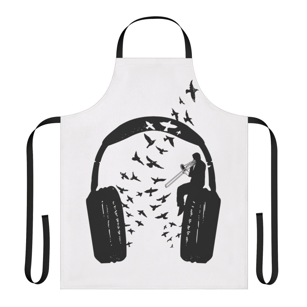 Trombone-patterned apron with headphones and music notes