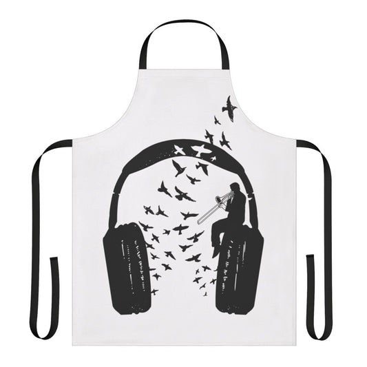 Trombone-patterned apron with headphones and music notes