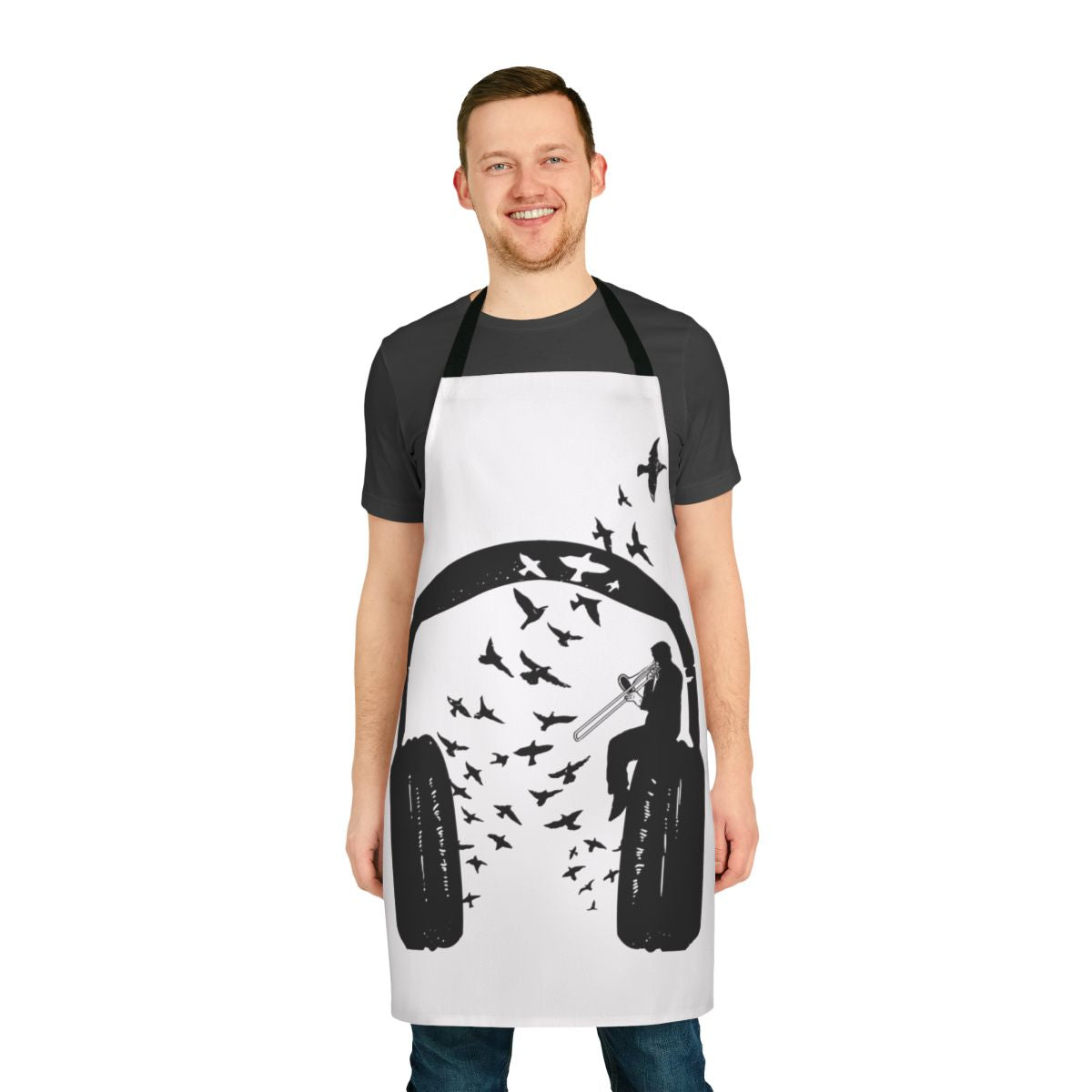 Trombone-patterned apron with headphones and music notes