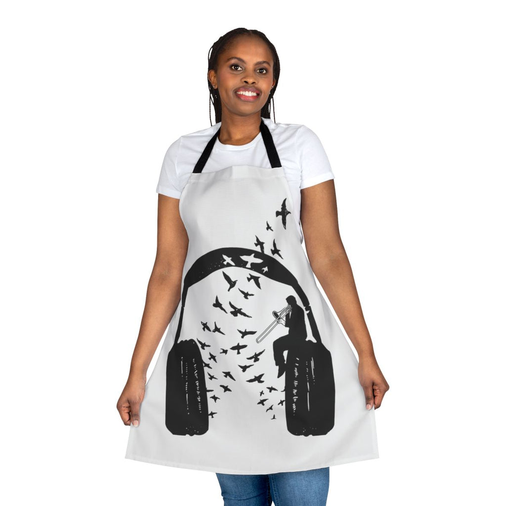 Trombone-patterned apron with headphones and music notes