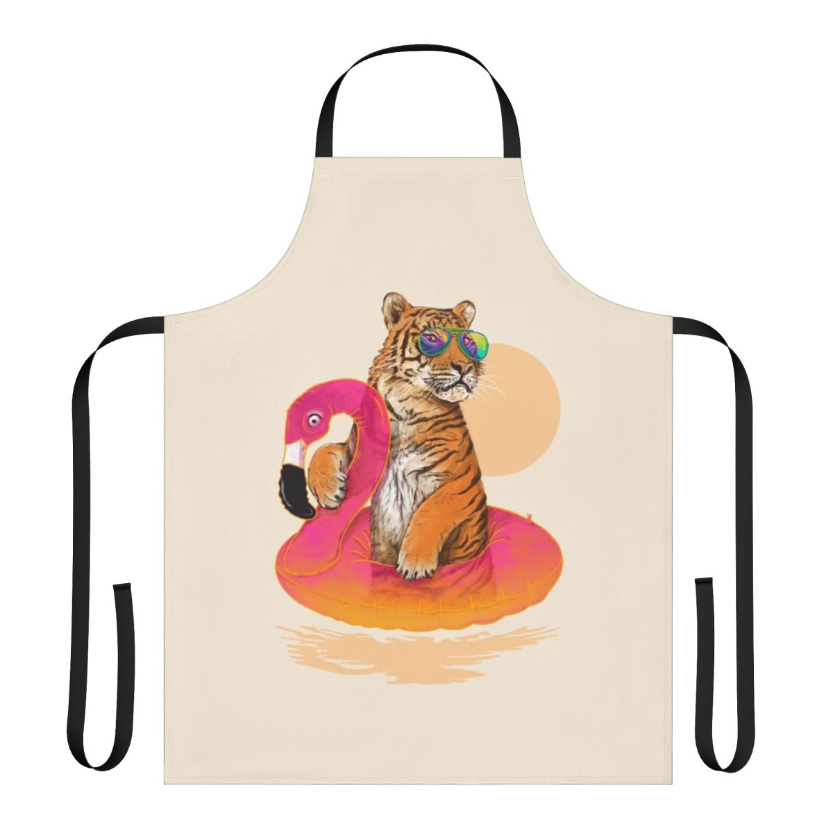 Vibrant tropical flamingo and tiger print apron featuring a relaxed, chilled-out design perfect for summer activities.