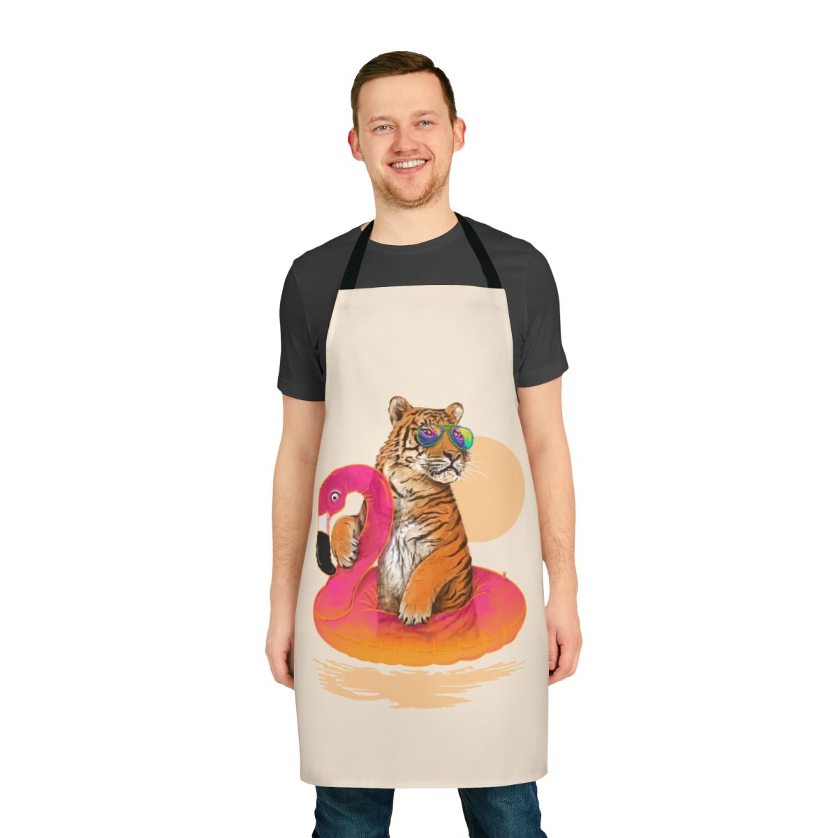 Vibrant tropical flamingo and tiger print apron featuring a relaxed, chilled-out design perfect for summer activities.