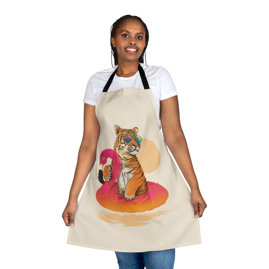 Vibrant tropical flamingo and tiger print apron featuring a relaxed, chilled-out design perfect for summer activities.