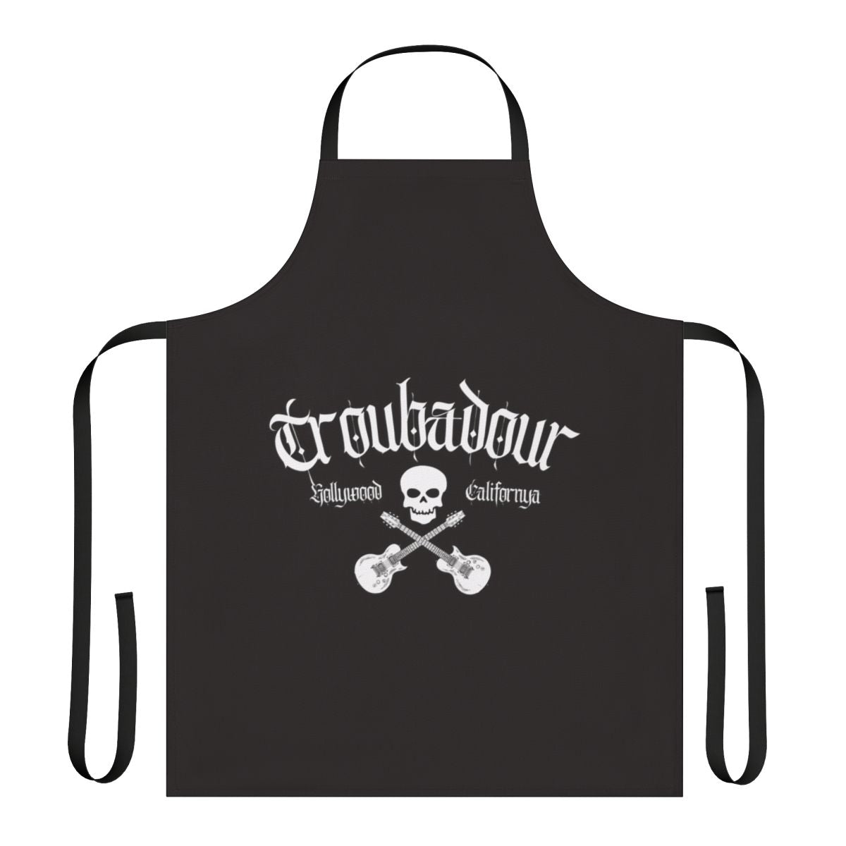 Troubadour inspired apron featuring skull art and rock and roll design