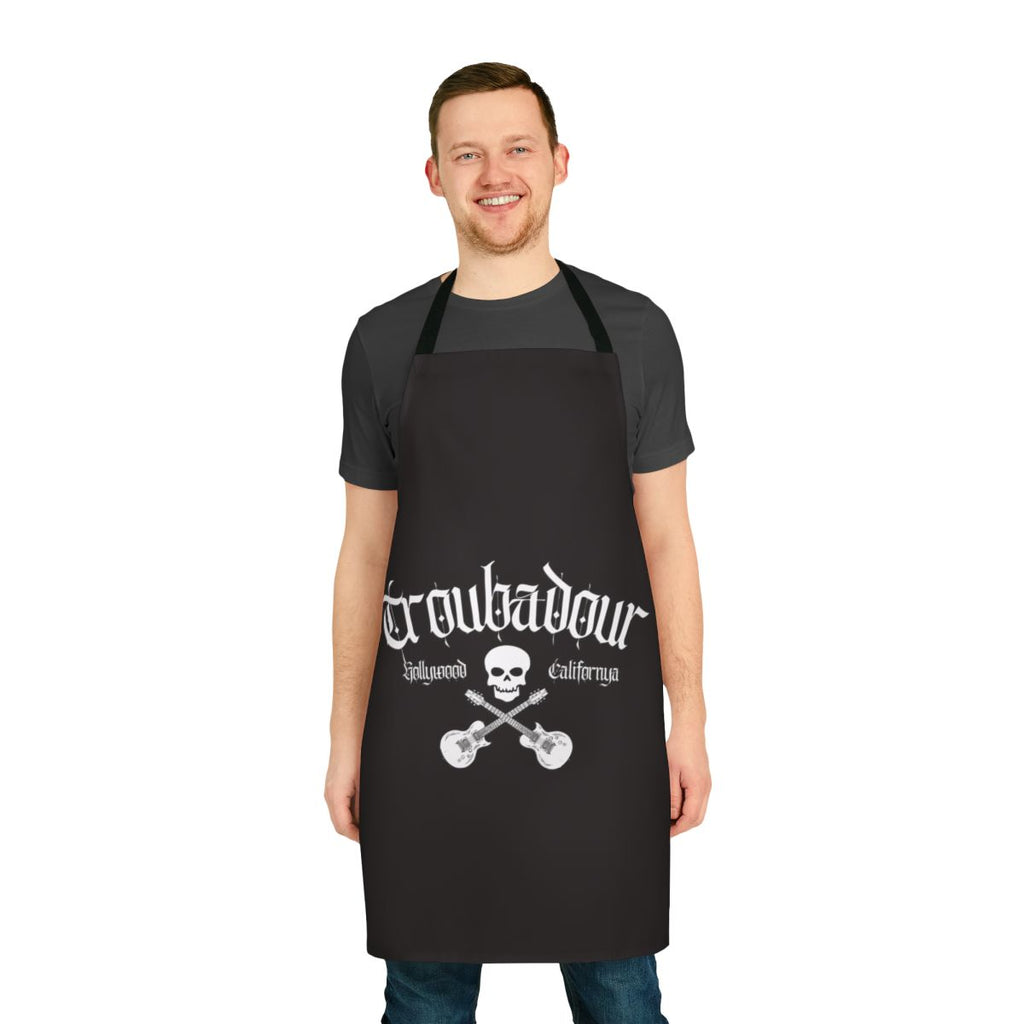 Troubadour inspired apron featuring skull art and rock and roll design