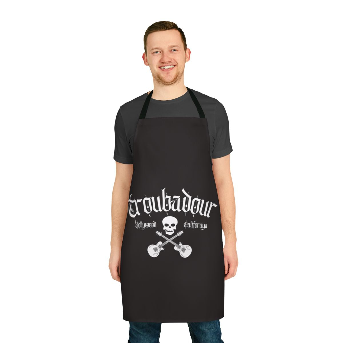 Troubadour inspired apron featuring skull art and rock and roll design