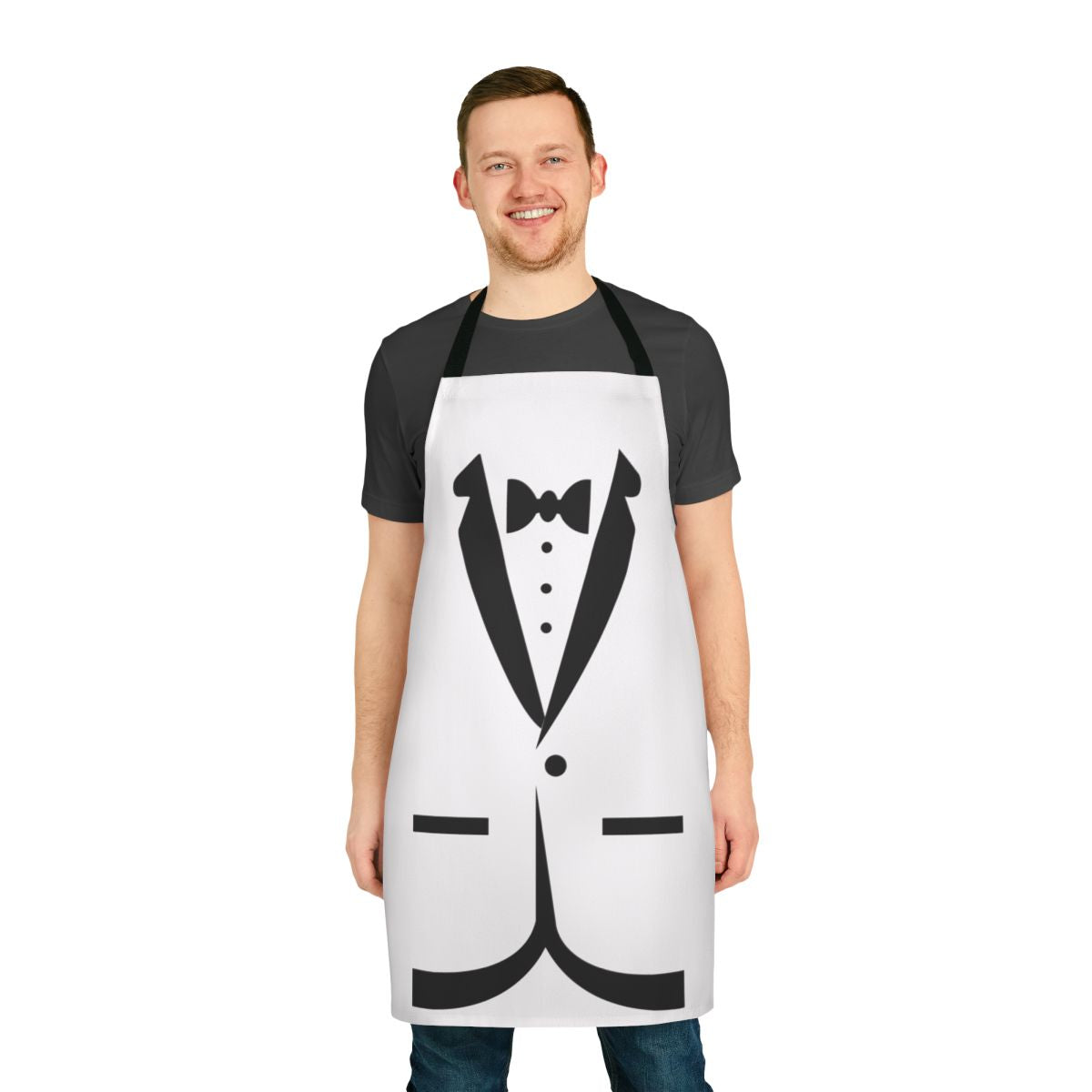 Tuxedo bow tie apron with a playful animal design for formal events