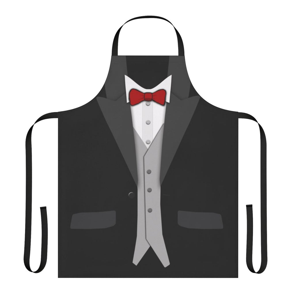 Black and red apron with tuxedo and bowtie design