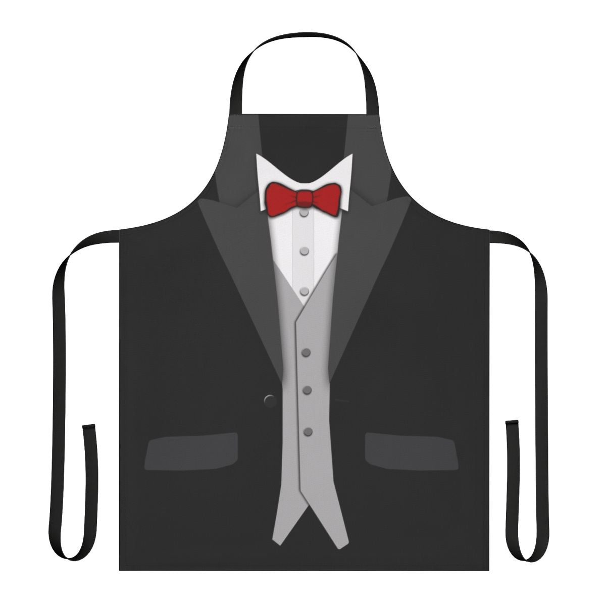 Black and red apron with tuxedo and bowtie design