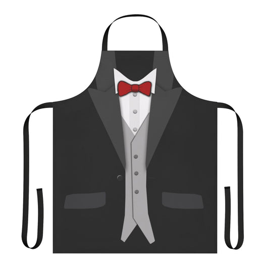 Black and red apron with tuxedo and bowtie design