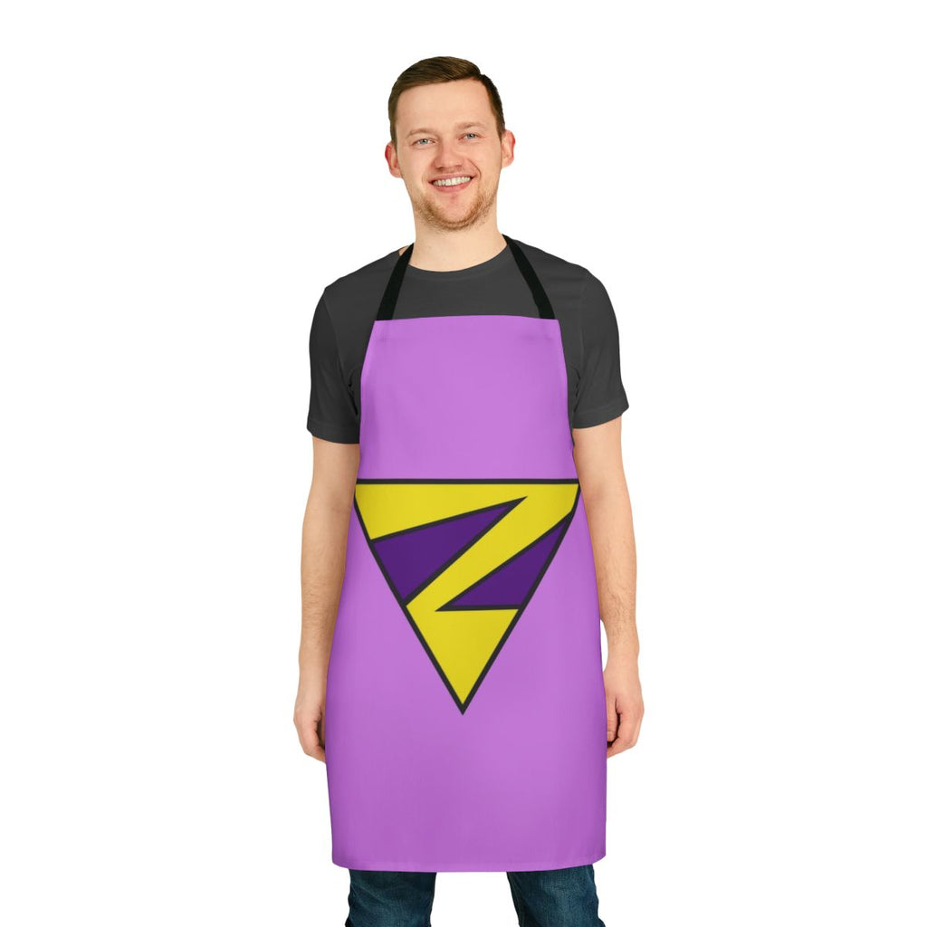 A vibrant, twin-themed apron featuring a playful superhero design