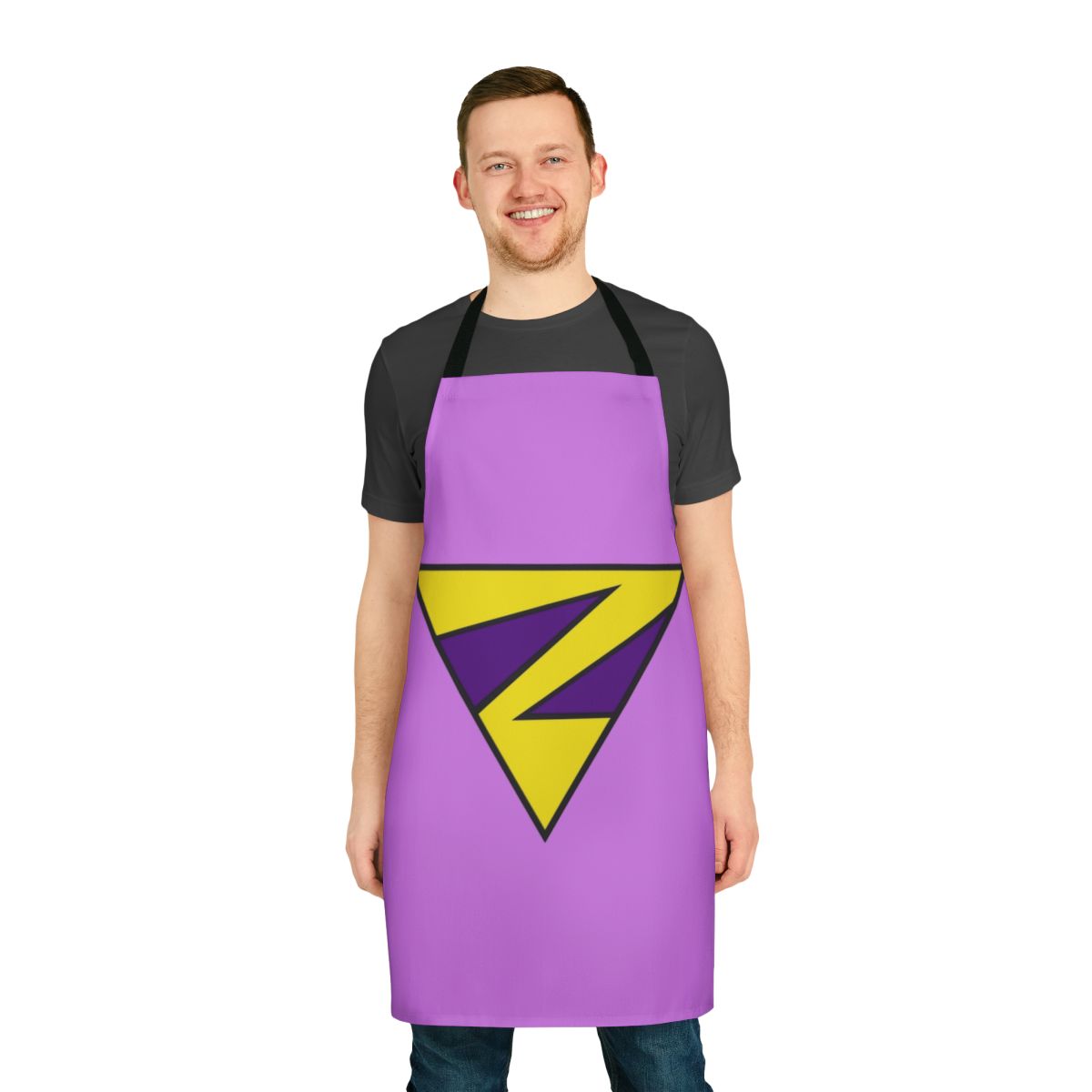 A vibrant, twin-themed apron featuring a playful superhero design