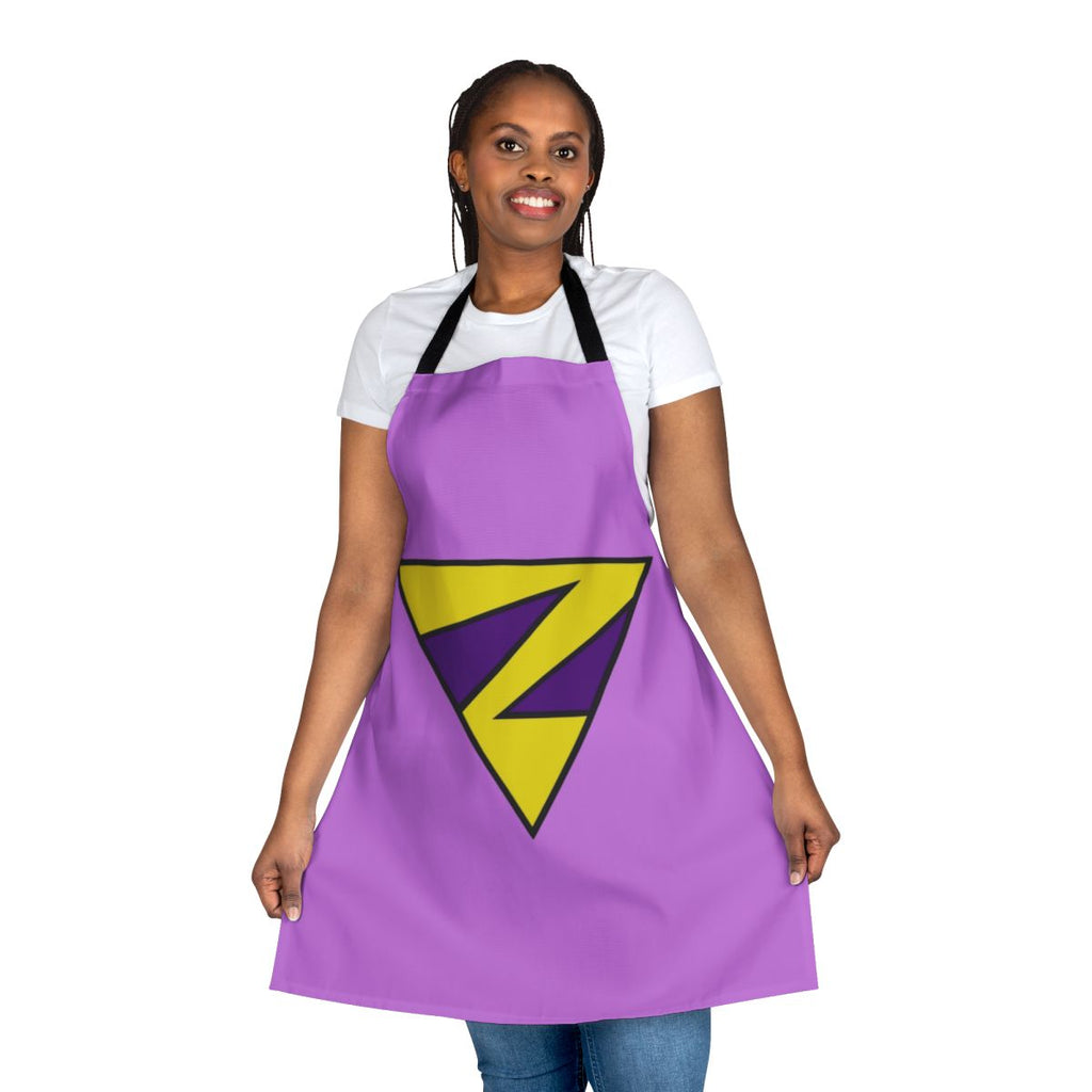A vibrant, twin-themed apron featuring a playful superhero design