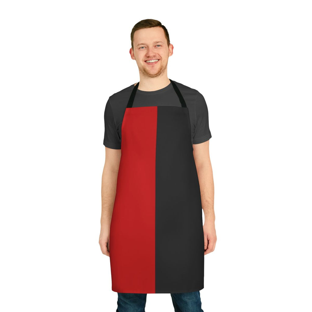 Image of a stylish two-tone harlequin-patterned apron in black and red colors