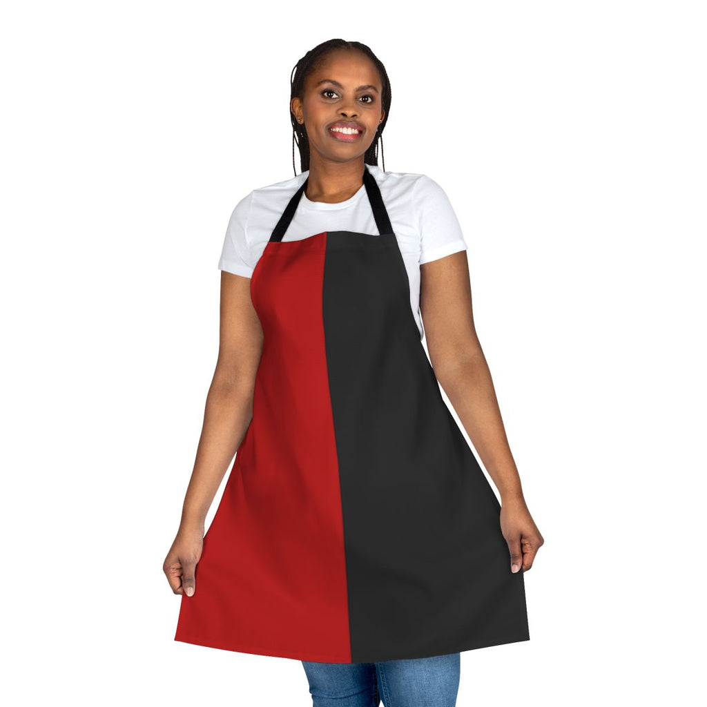 Image of a stylish two-tone harlequin-patterned apron in black and red colors