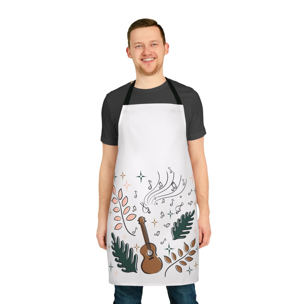 Artistic ukulele and nature-inspired apron design for the musical enthusiast