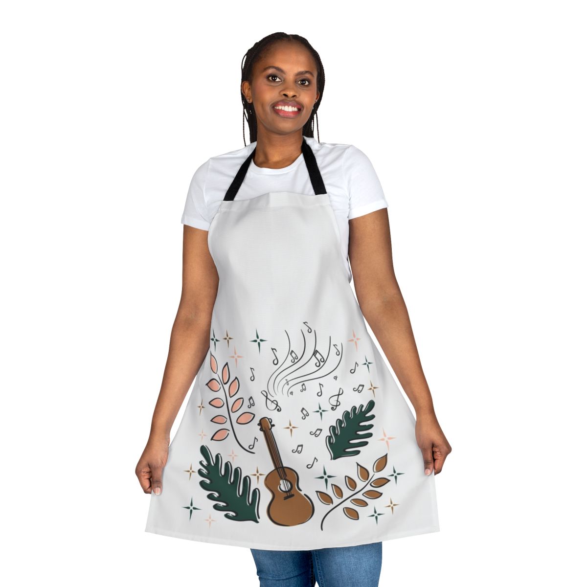 Artistic ukulele and nature-inspired apron design for the musical enthusiast