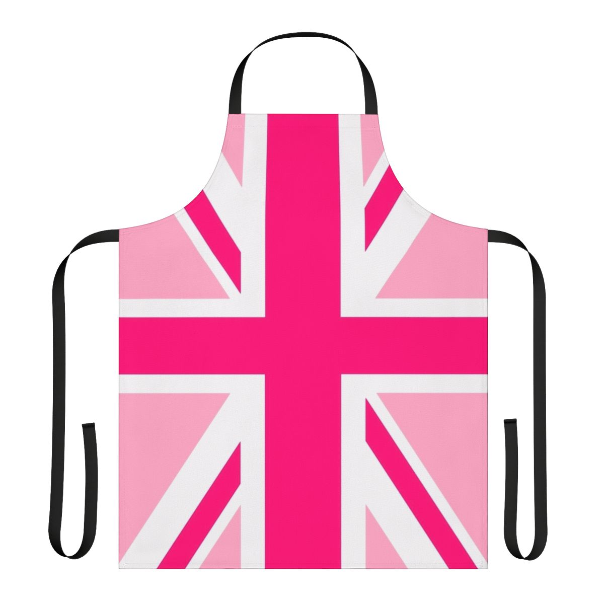 Apron featuring the United Kingdom flag, the Union Jack, in pink for breast cancer awareness and LGBTQ+ pride.
