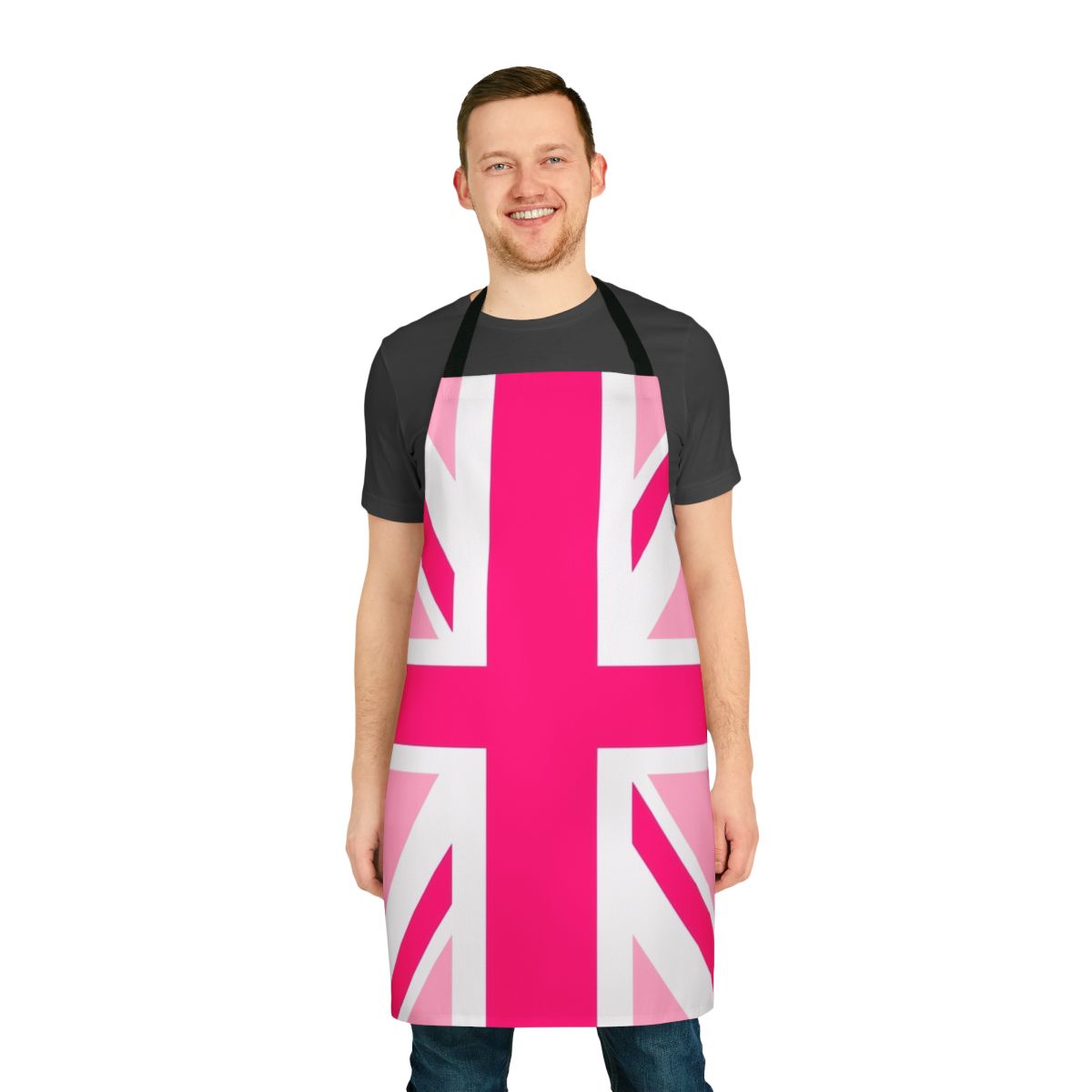 Apron featuring the United Kingdom flag, the Union Jack, in pink for breast cancer awareness and LGBTQ+ pride.