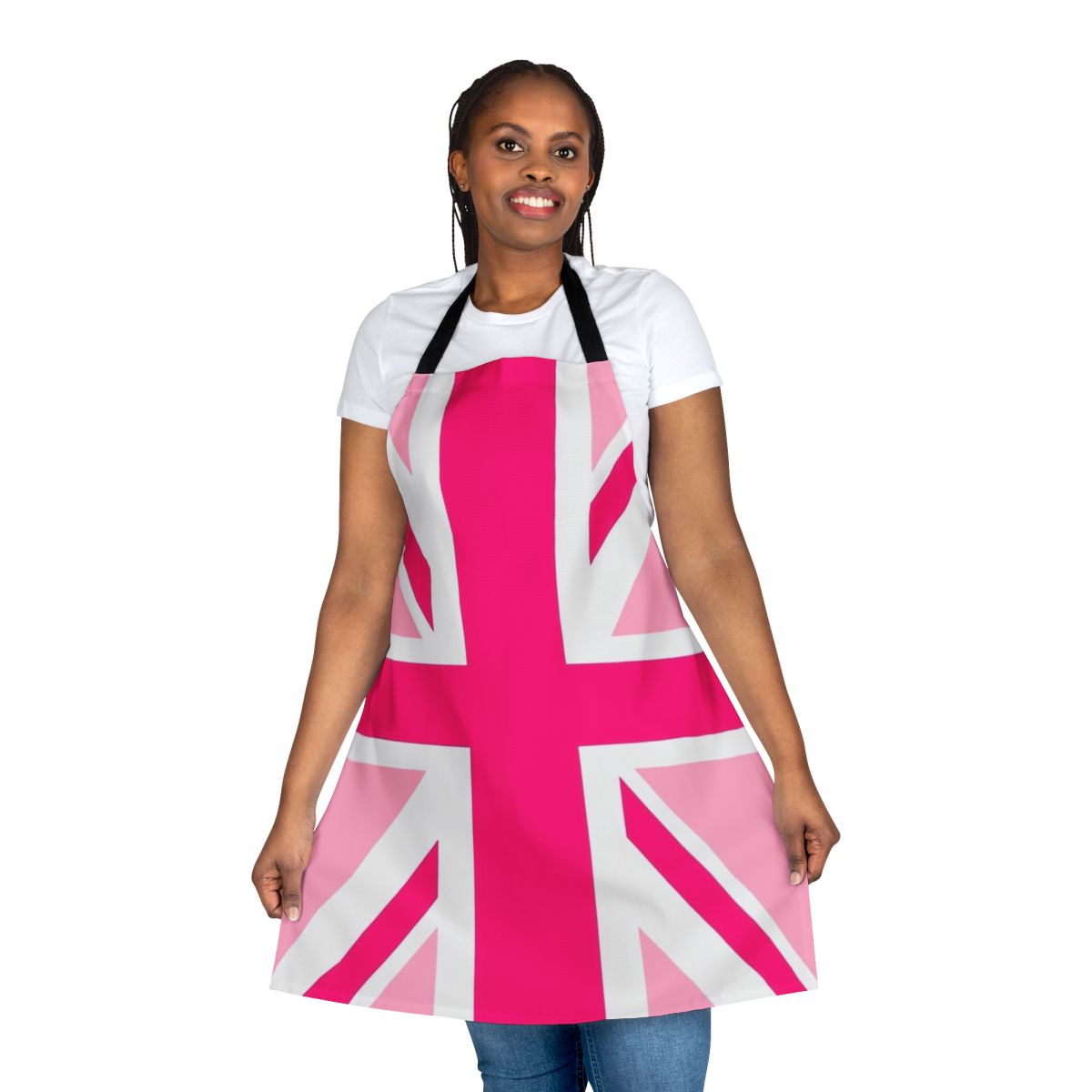 Apron featuring the United Kingdom flag, the Union Jack, in pink for breast cancer awareness and LGBTQ+ pride.