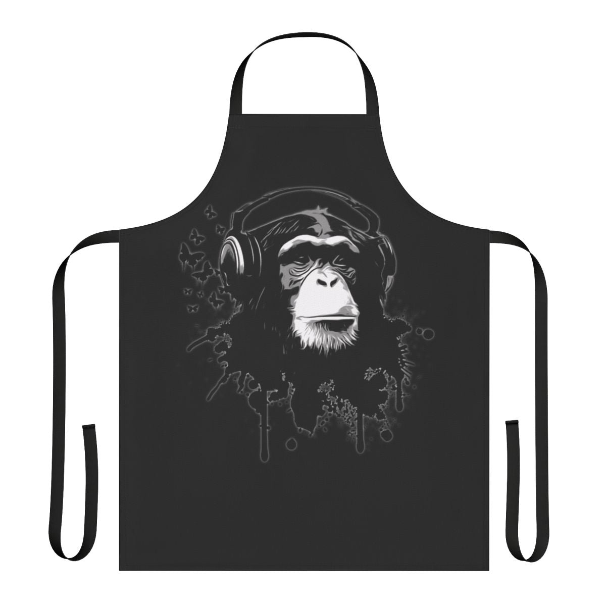 Apron featuring a cool, urban graffiti-style design with a monkey, chimpanzee, and butterflies.