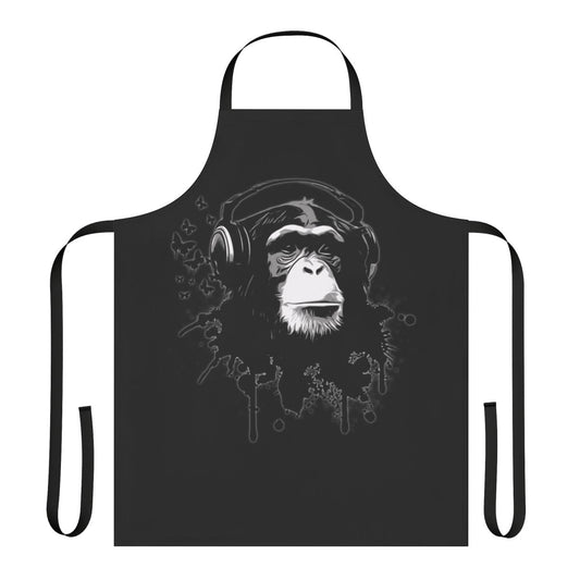 Apron featuring a cool, urban graffiti-style design with a monkey, chimpanzee, and butterflies.