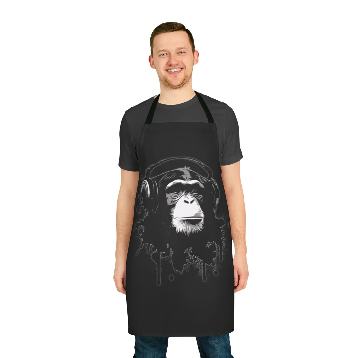 Apron featuring a cool, urban graffiti-style design with a monkey, chimpanzee, and butterflies.