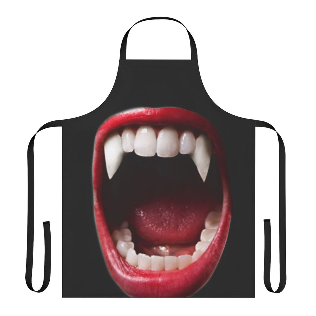 Model wearing a vibrant, floral-patterned apron with a gothic vampire design
