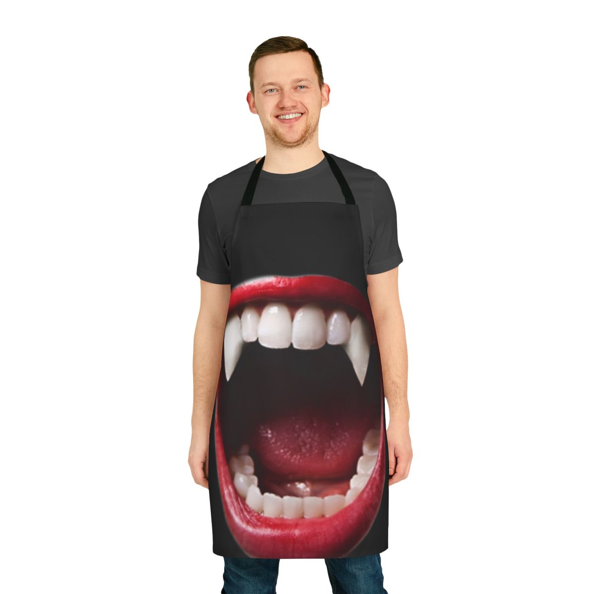 Model wearing a vibrant, floral-patterned apron with a gothic vampire design