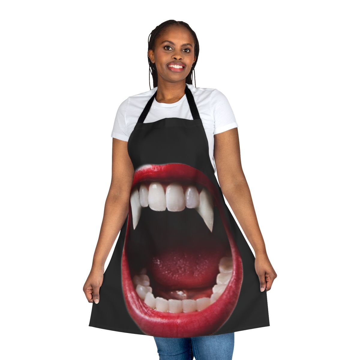 Model wearing a vibrant, floral-patterned apron with a gothic vampire design