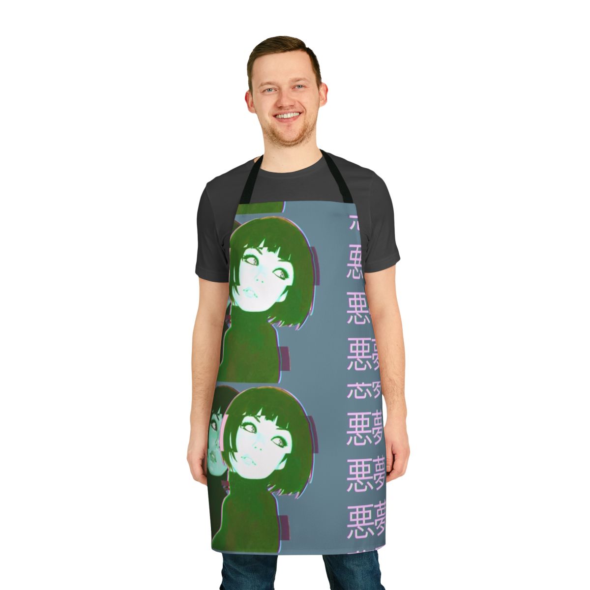 Vaporwave-inspired apron featuring a vibrant anime girl design