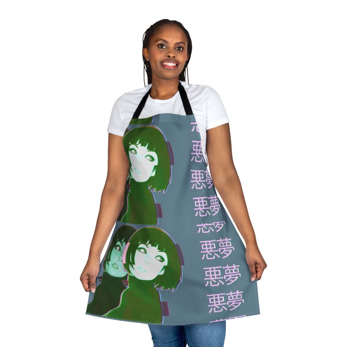 Vaporwave-inspired apron featuring a vibrant anime girl design