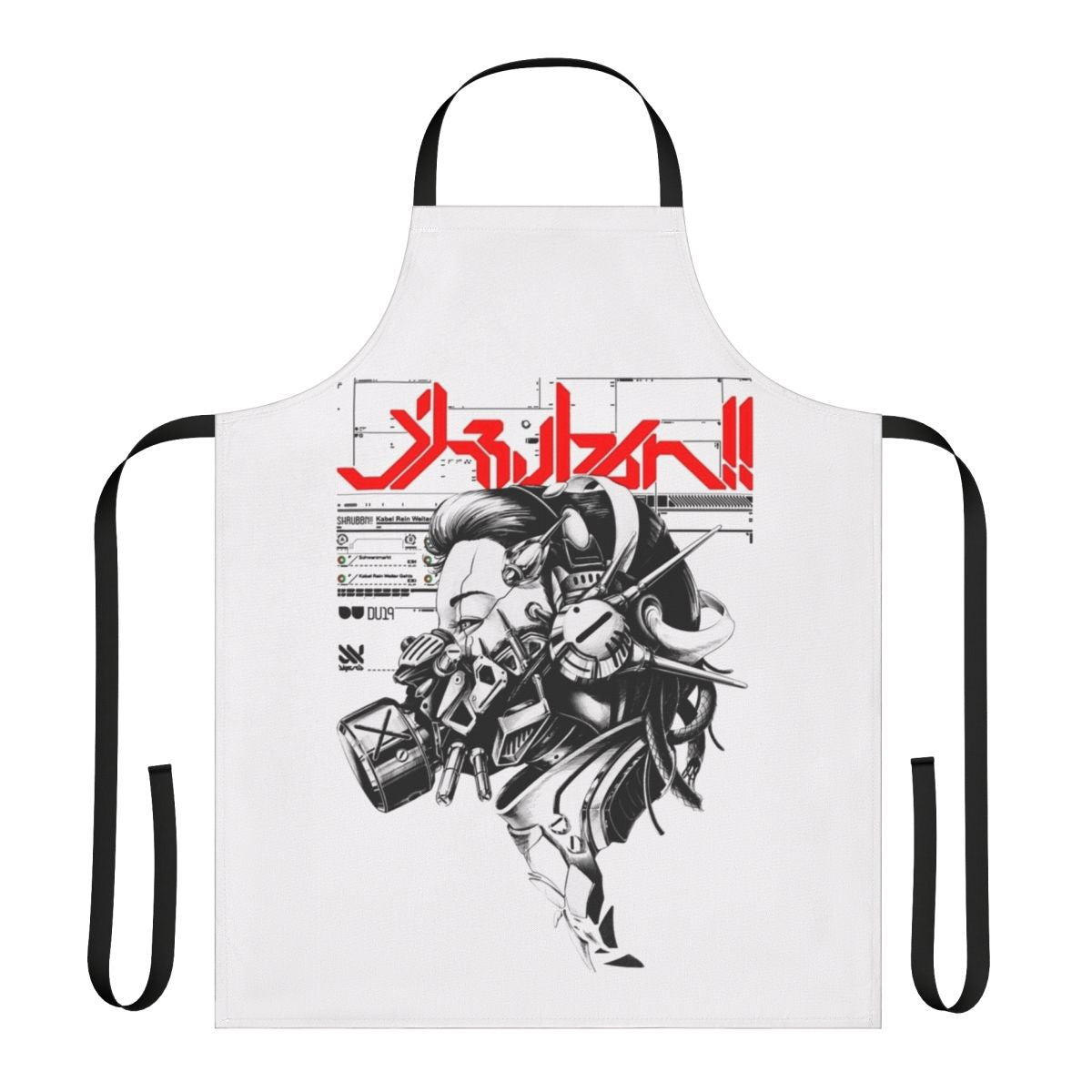 Vaporwave-inspired cyberpunk-style apron with a cyborg girl design