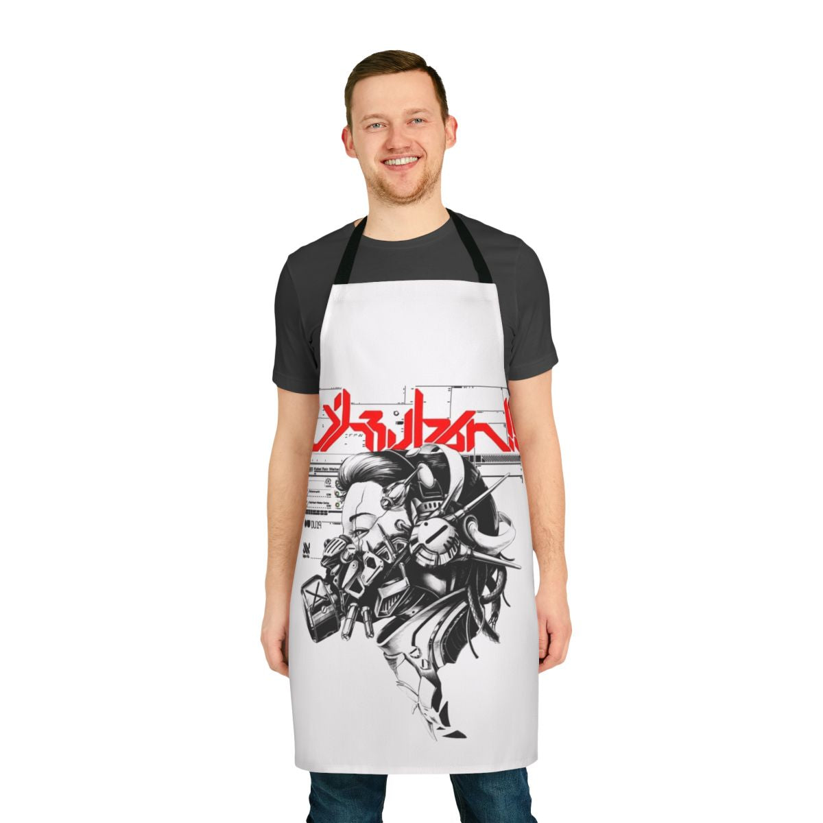 Vaporwave-inspired cyberpunk-style apron with a cyborg girl design