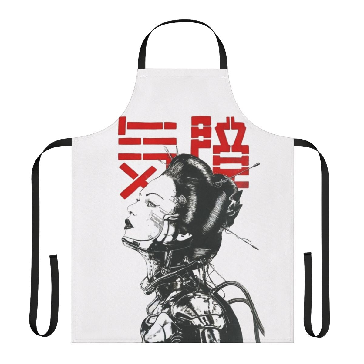 Vaporwave-inspired cyberpunk apron with Japanese-influenced design