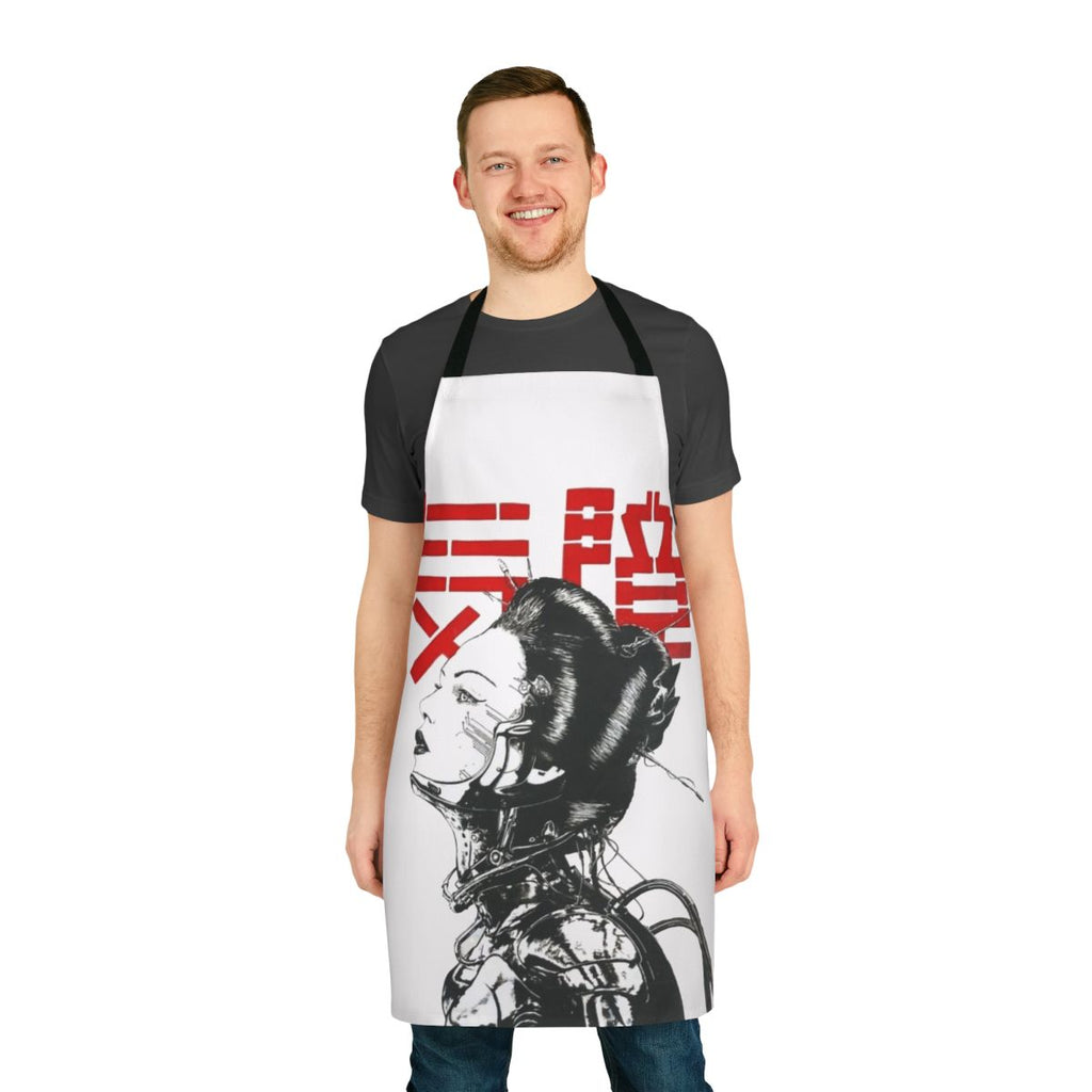 Vaporwave-inspired cyberpunk apron with Japanese-influenced design