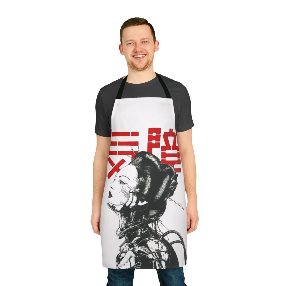 Vaporwave-inspired cyberpunk apron with Japanese-influenced design