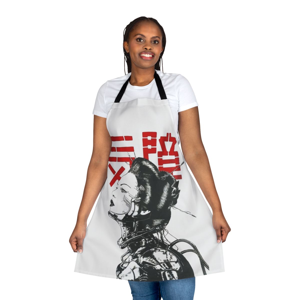 Vaporwave-inspired cyberpunk apron with Japanese-influenced design