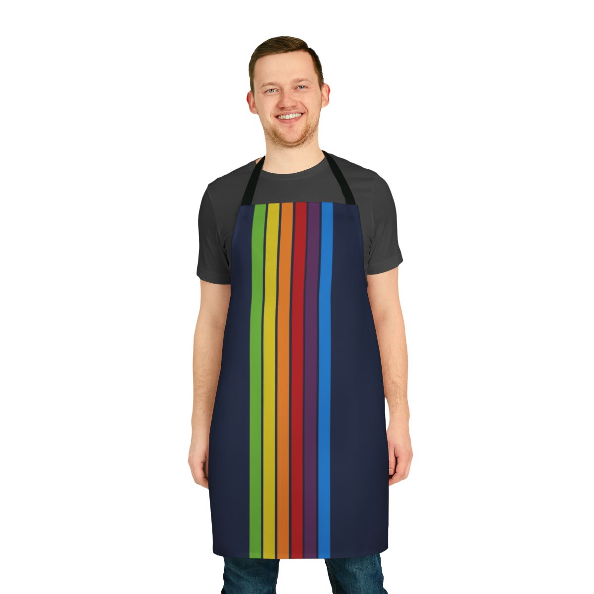 Vertical apron in a Pacific Blue color with retro-inspired design featuring stripes, lines, and technology-inspired elements.