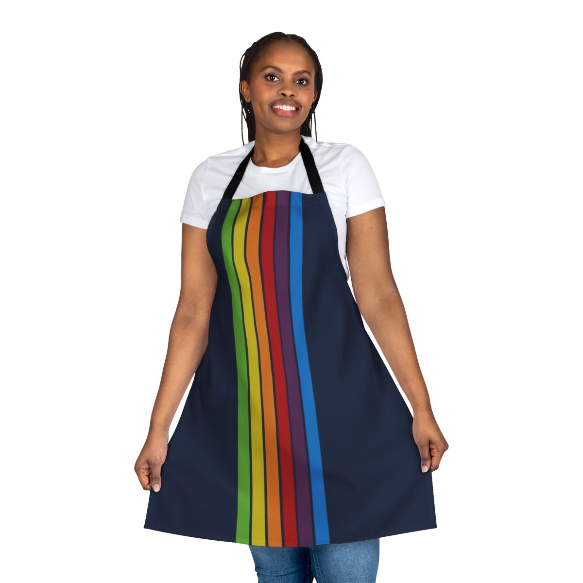 Vertical apron in a Pacific Blue color with retro-inspired design featuring stripes, lines, and technology-inspired elements.