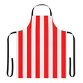 A red and white vertical striped apron, perfect for the kitchen or cooking.