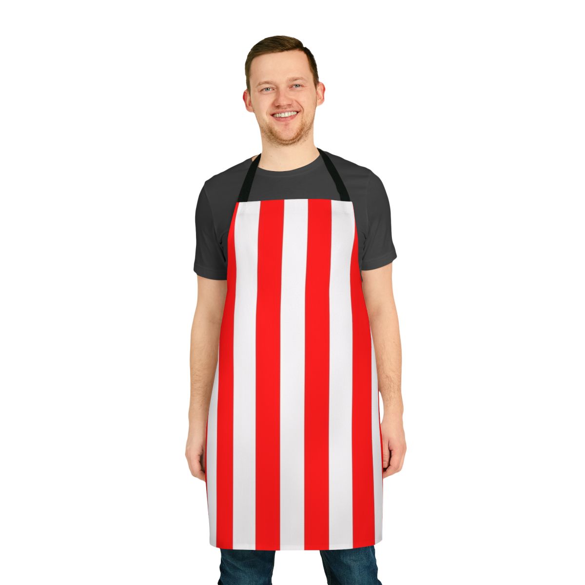A red and white vertical striped apron, perfect for the kitchen or cooking.