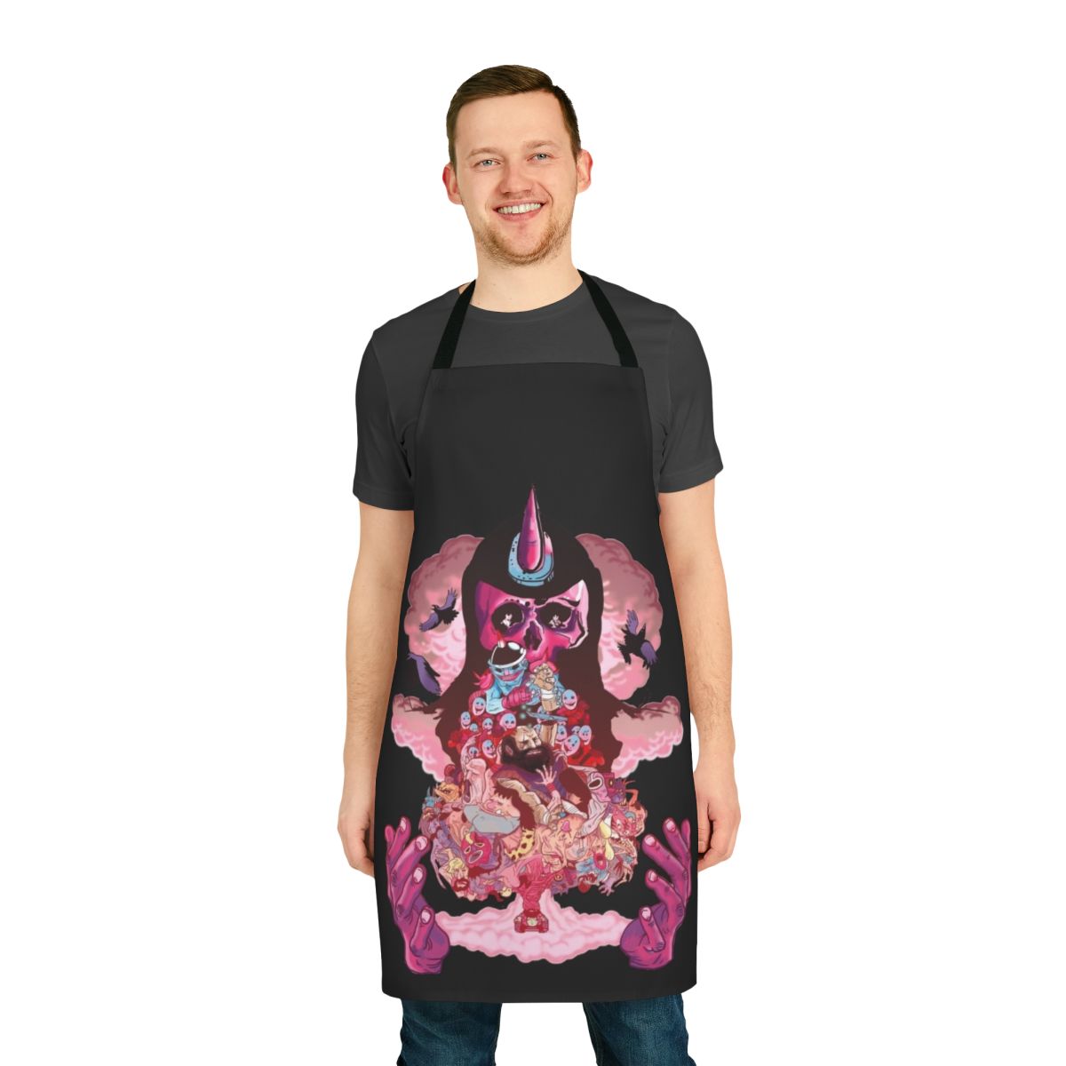 Colorful video game-themed apron featuring characters and imagery from Lisa the Painful RPG