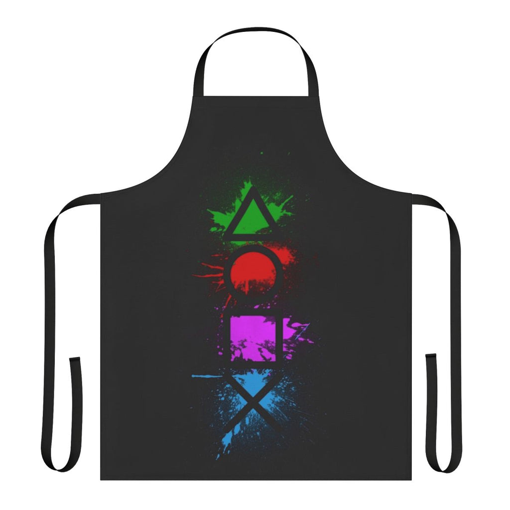 Image of a stylish apron featuring colorful controller buttons and a splatter design, perfect for gamers and video game enthusiasts.